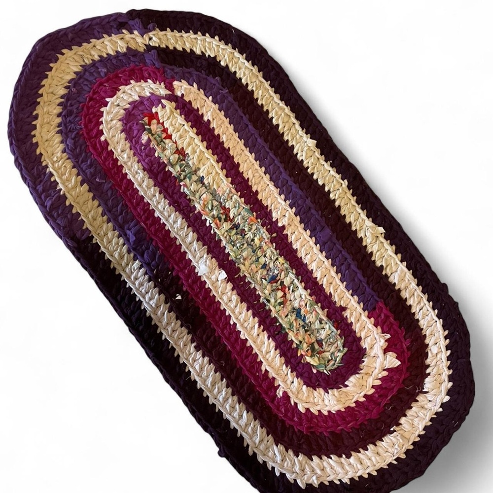 Handmade Purple Magenta Colorful Crocheted T-Shirt Knit Oval Rug Door Mat